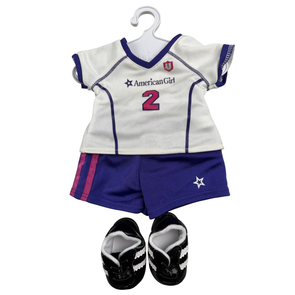 American Girl Soccer Outfit White Purple Jersey Shorts Cleats 18 In Doll Clothes